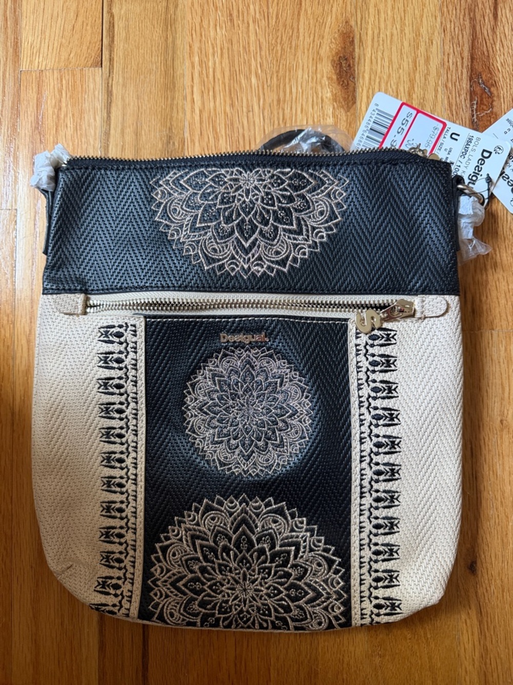 Desigual Black and Cream Embroidered Floral Crossbody Bag